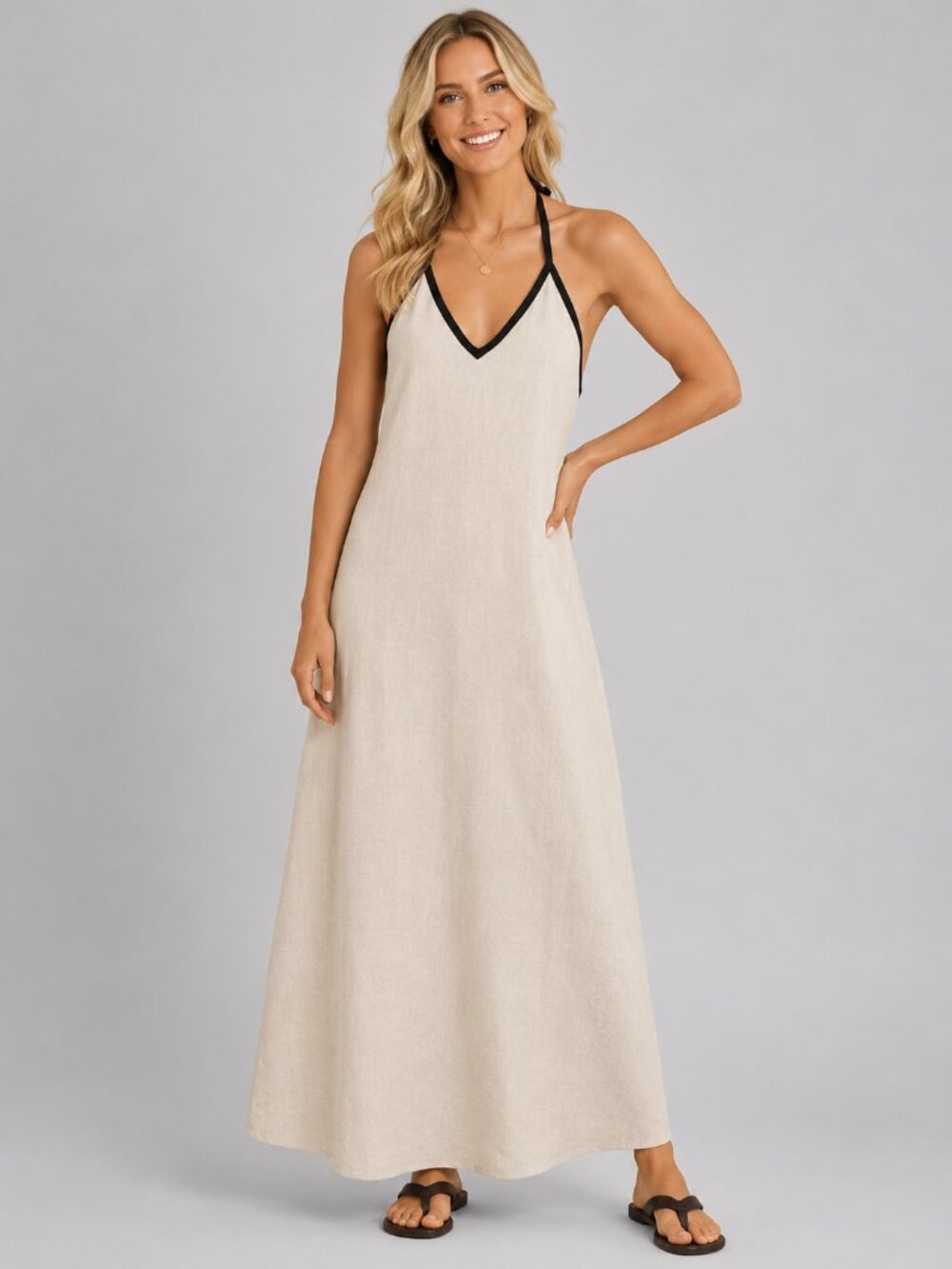 Women’s Linen Halter Maxi Dress Backless Boho Beach Vacation Sundress Summer - Picture 2 of 4